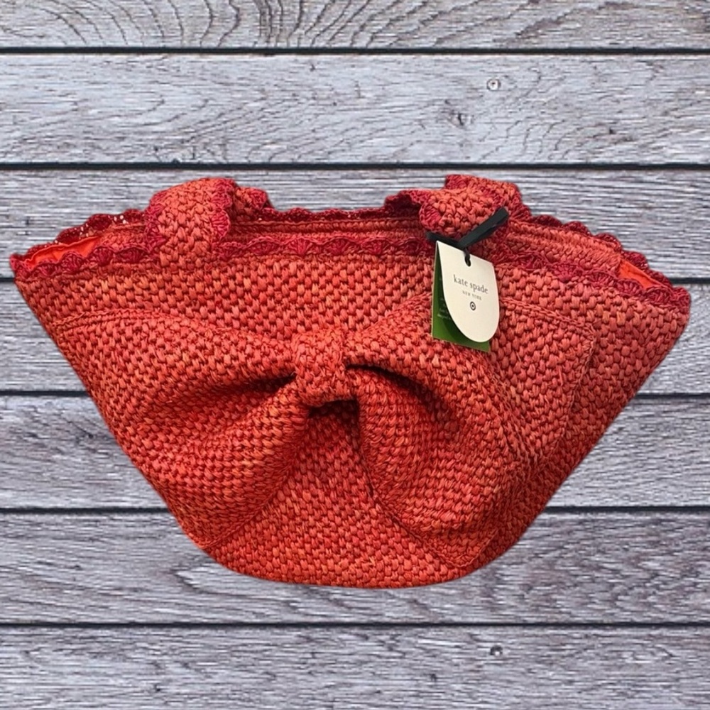 Kate Spade Woven Raffia Bow Tote Bag Orange Summer Straw Shoulder Bag ♠️ - Picture 10 of 10
